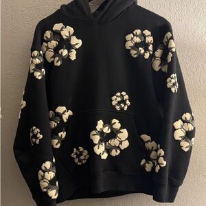 Black Hoodie with Cream Floral Design
